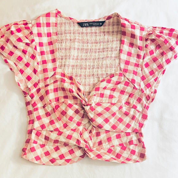 NWOT XS Zara Fuchsia Pink & White Gingham Cotton Crop Top, Flutter Sleeve - Picture 3 of 6